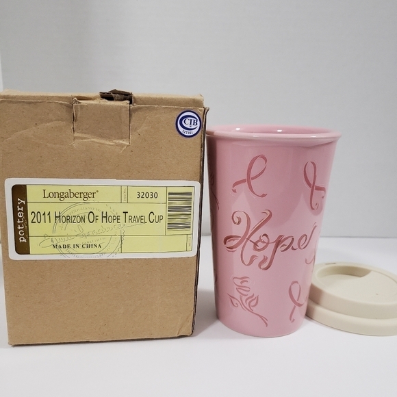 Longaberger Travel Cup Horizon of Hope Pink Ceramic Coffee Tea Mug with Lid - Picture 8 of 8